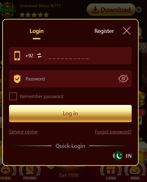 PK Mega Win Game Login page
